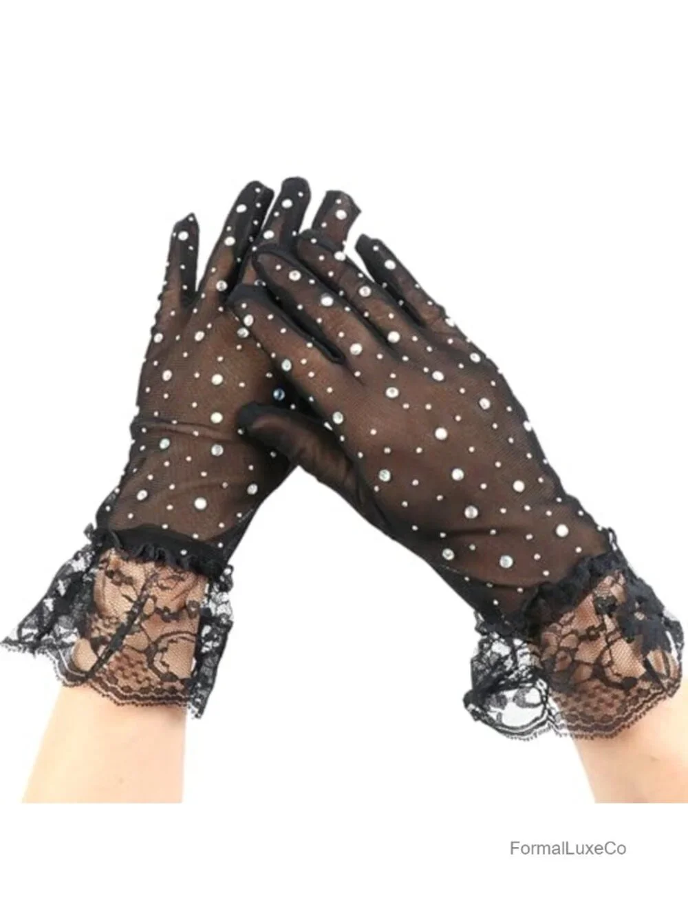 Vintage Lace Mesh Sheer Gloves with Rhinestones for Wedding Party Halloween